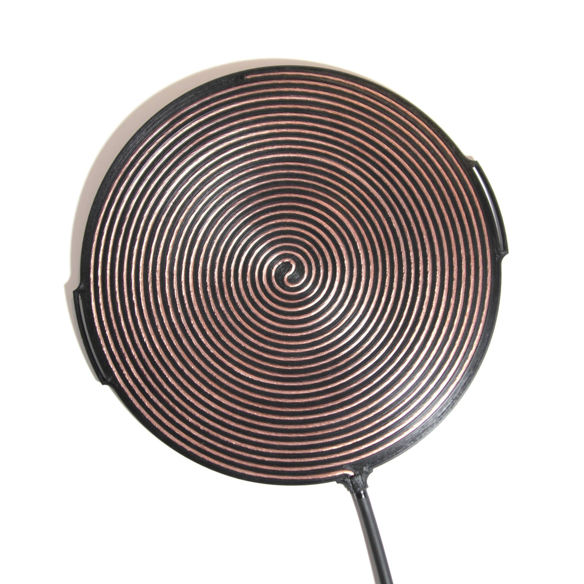 Gandr bifilar pancake coil seen from above, 265 mm copper winding set into black flexible TPU