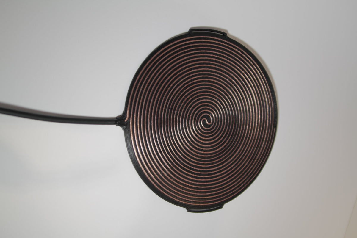 Gandr bifilar pancake coil at an angle with its 2.5 m lead cable and gold-plated banana plug