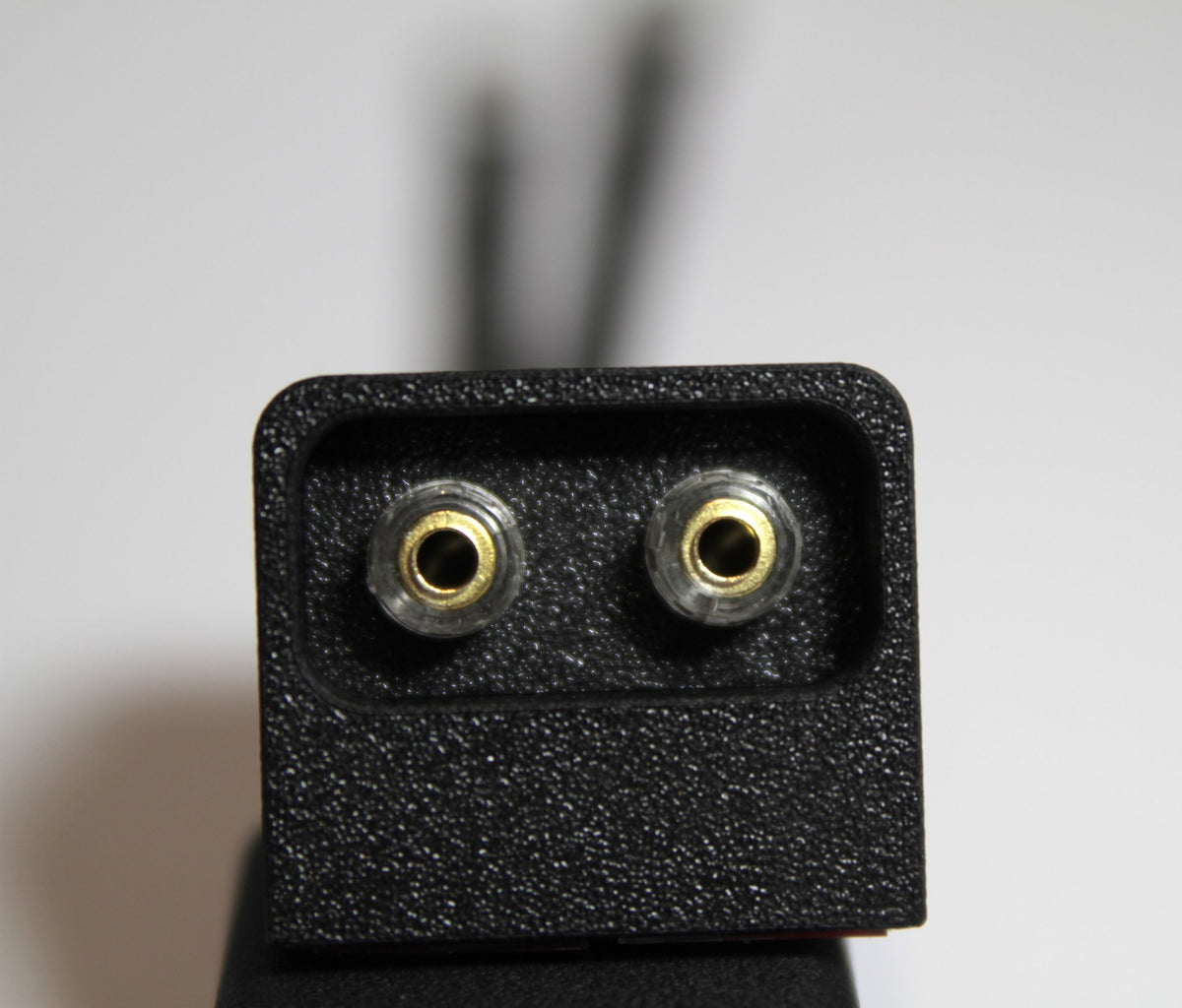 Macro view of a Tengill connection box input pair, gold-plated sockets in a textured black housing